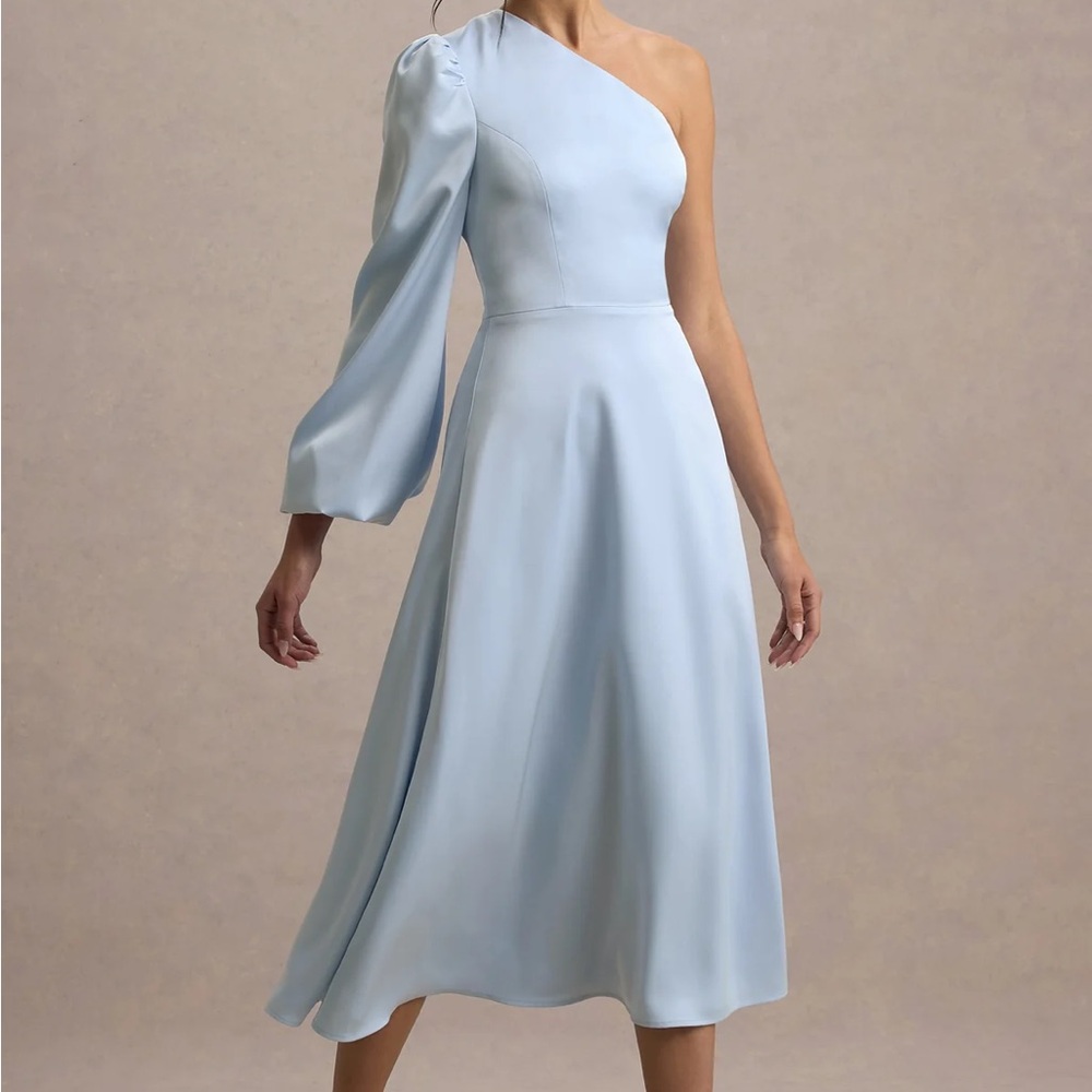 Club L London Blue One Shoulder Bishop Sleeve Dress
